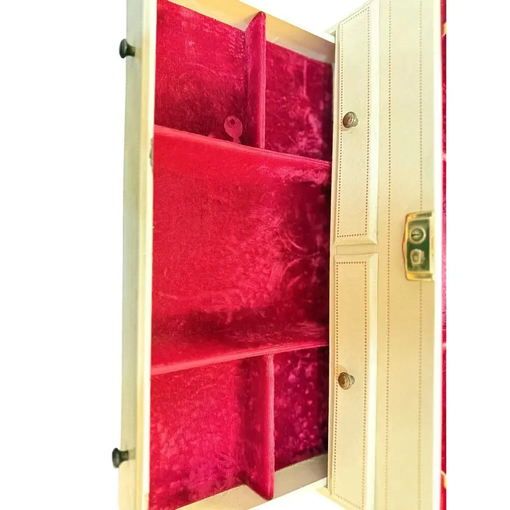 Vintage Ivory Jewelry Chest Red Velvet Mirror Locking 3 Drawer Jewelry Box Case